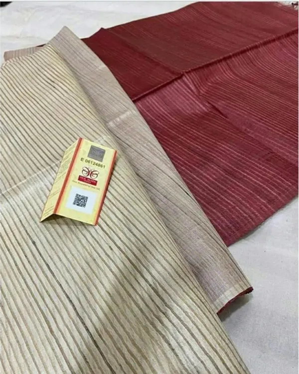 Eri_Silk_Tussar_Striped_Biege_&_Maroon_Saree