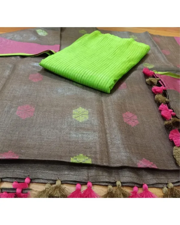 Pure_Linen_Blushing_Brown_Dupatta_&_Katan_Silk_Green_Top_Set