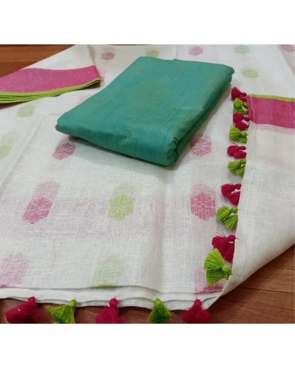 Pure_Linen_Unique_White_Dupatta_&_Katan_Silk_Green_Top_Set