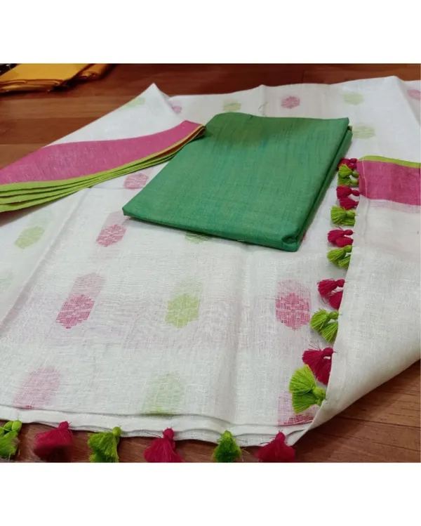 Pure_Linen_Modern_White_Dupatta_&_Katan_Silk_Green_Top_Set