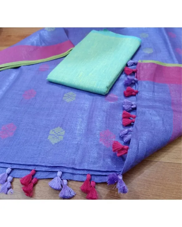 Pure_Linen_Vibrant_Purple_Dupatta_&_Katan_Silk_Blue_Top_Set