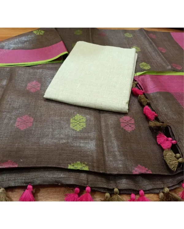 Pure_Linen_Gleaming_Brown_Dupatta_&_Katan_Silk_White_Top_Set
