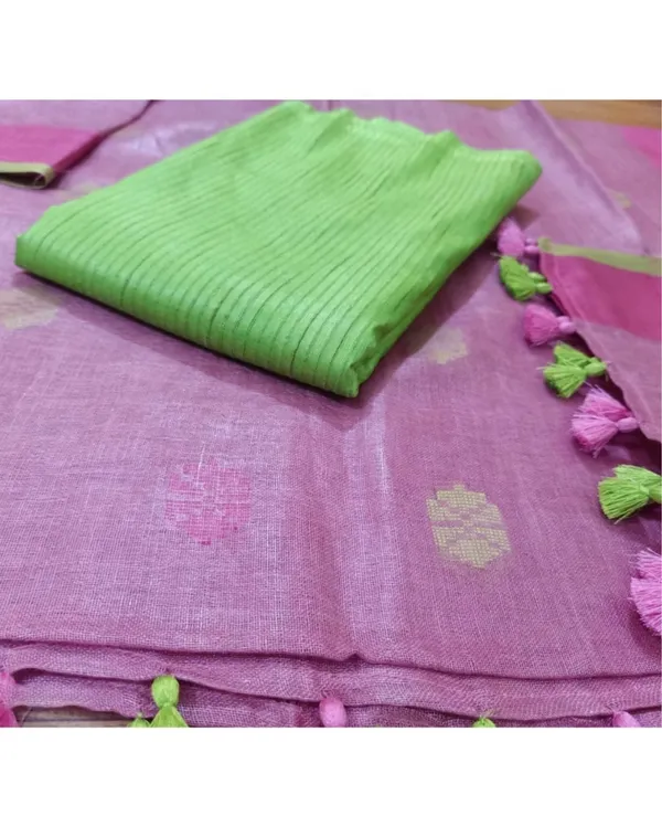 Pure_Linen_Dynamic_Pink_Dupatta_&_Katan_Silk_Green_Top_Set