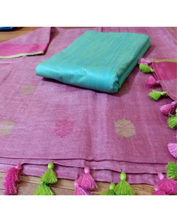 Pure_Linen_Glowing_Pink_Dupatta_With_Katan_Silk_Blue_Top_Set