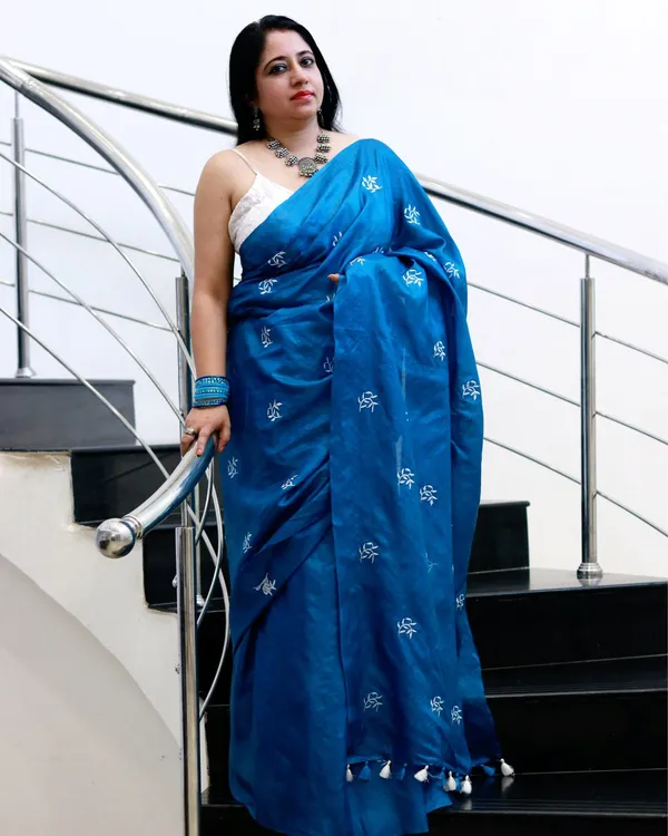 Silkmark_Pure_Tussar_Vivid_Embroidered_Blue_Saree