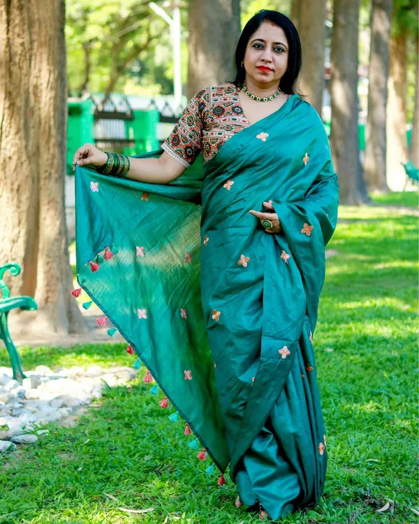 Silkmark_Pure_Tussar_Lucid_Embroidered_Green_Saree