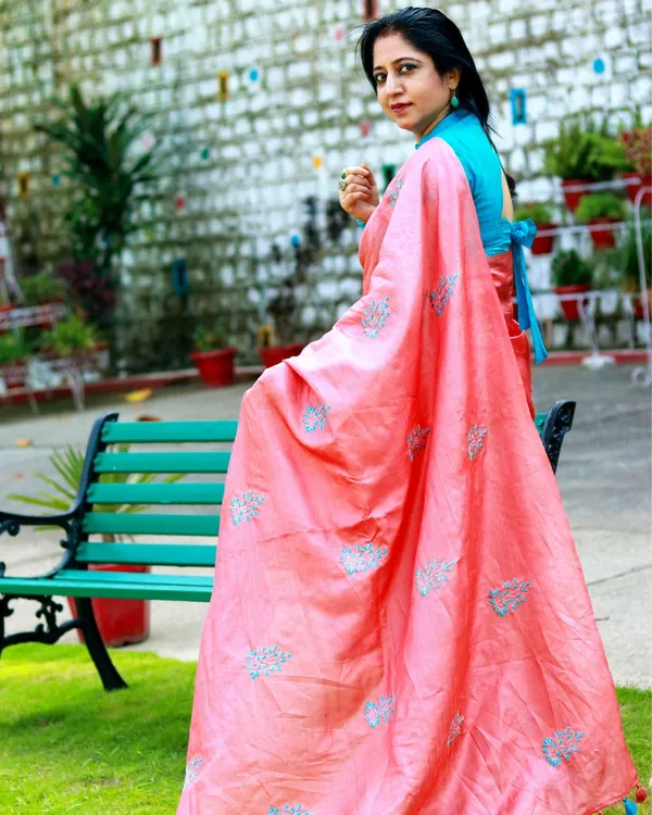 Silkmark_Pure_Tussar_Melodic_Embroidered_Peach_Saree