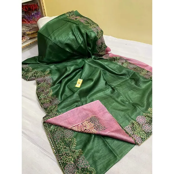 Silkmark_Certified_Serene_Pure_Tussar_Cutwork_Green_Saree
