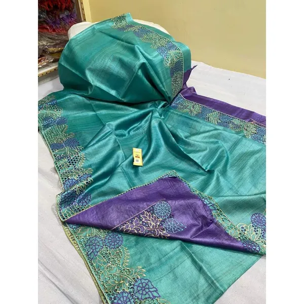 Silkmark_Certified_Bright_Pure_Tussar_Cutwork_Green_Saree