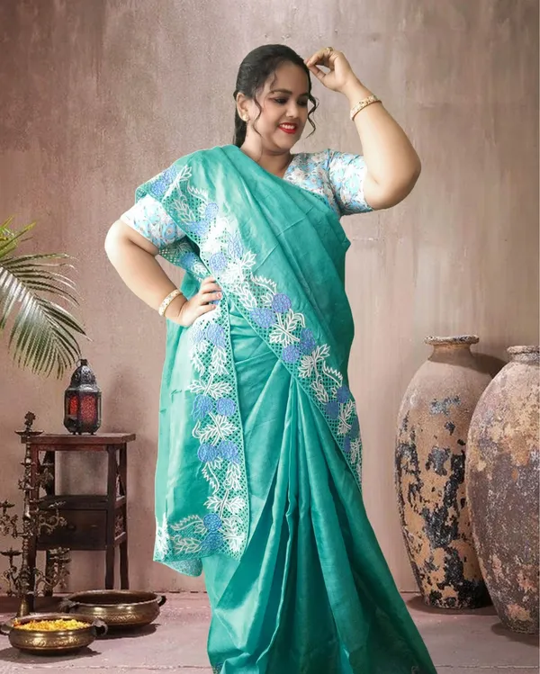 Silkmark_Certified_Bright_Pure_Tussar_Cutwork_Green_Saree