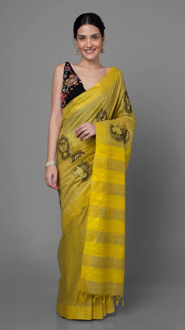 Embroidered_Bansbara_Tussar_Silk_Handloom_Yellow_Saree