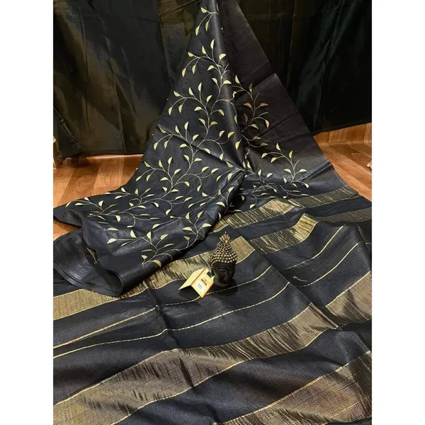 Silkmark_Glossy_Eri_Tussar_Silk_Embroidered_Black_Saree