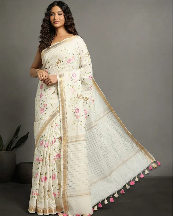 Luminous_Silk_Linen_Embroidered_Off_White_Saree