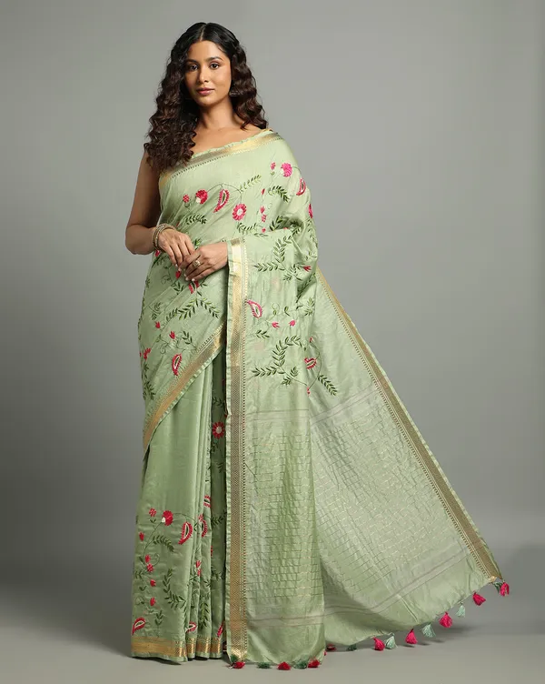 Mysterious_Silk_Linen_Embroidered_Green_Saree