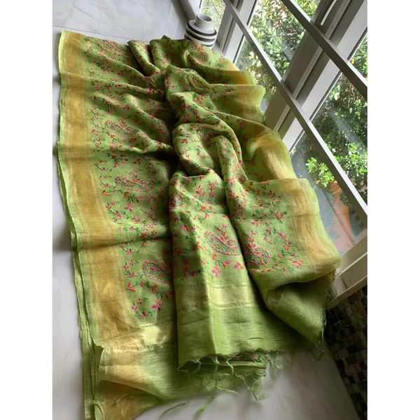 Artistic_Silk_Linen_Embroidered_Green_Saree