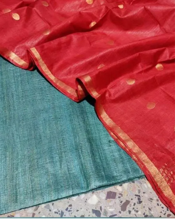 Silkmark_Tussar_Green_Top_Katan_Silk_Red_Dupatta