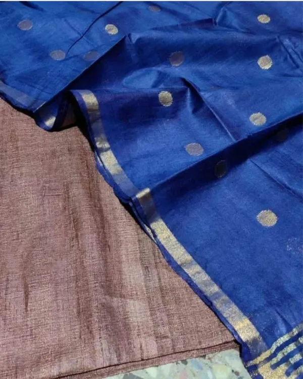 Silkmark_Tussar_Brown_Top_Katan_Silk_Blue_Dupatta