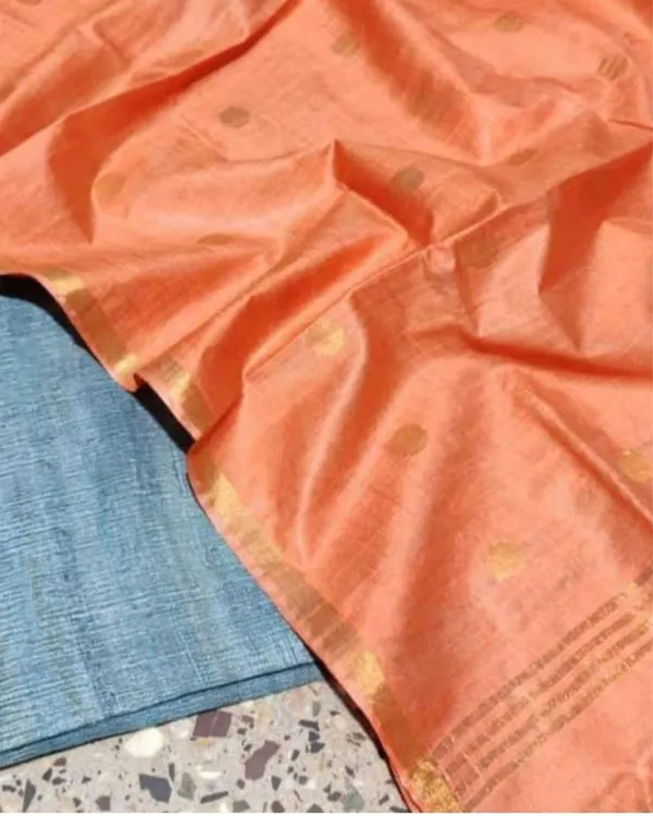 Silkmark_Tussar_Blue_Top_Katan_Silk_Orange_Dupatta