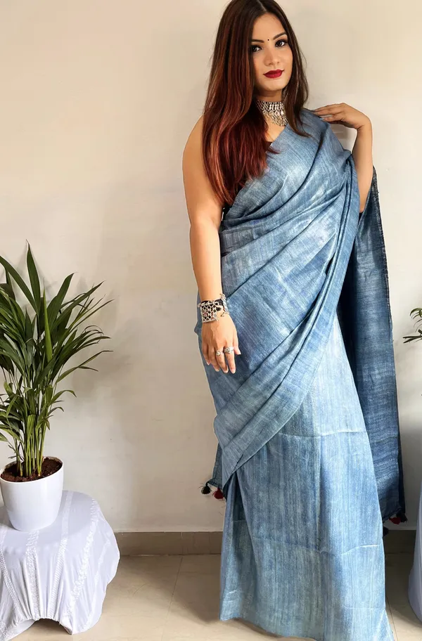 Silkmark_Ghicha_Tussar_Impressive_Blue_Saree