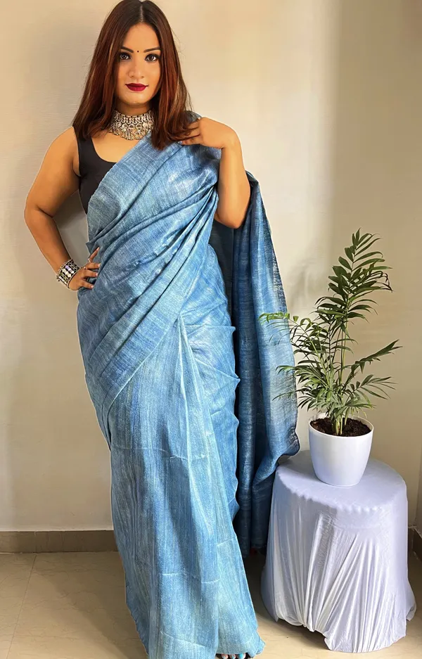 Silkmark_Ghicha_Tussar_Impressive_Blue_Saree