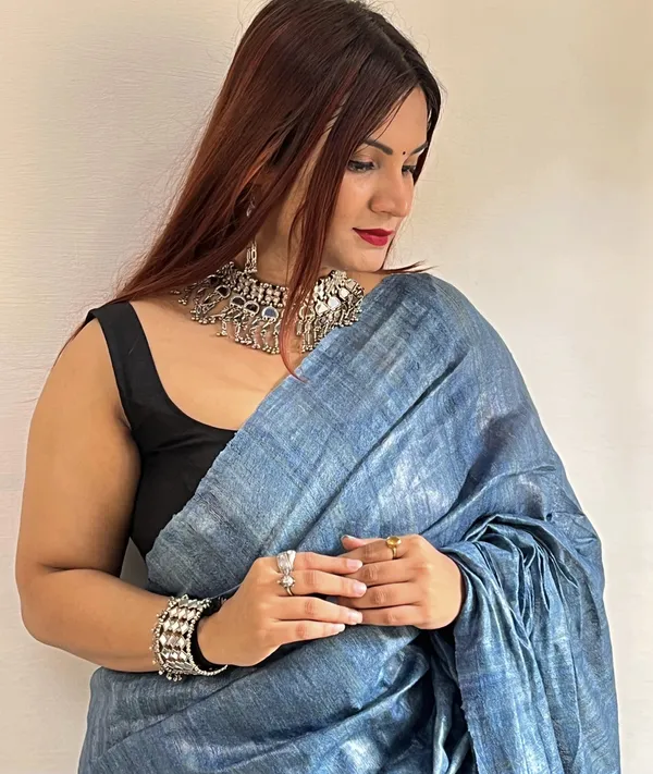 Silkmark_Ghicha_Tussar_Impressive_Blue_Saree