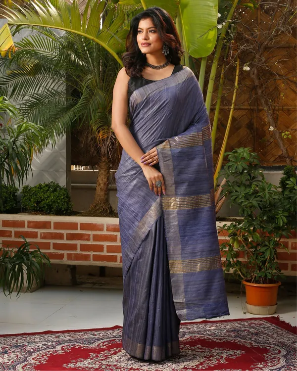 Silkmark_Ghicha_Tussar_Thoughtful_Blue_Saree