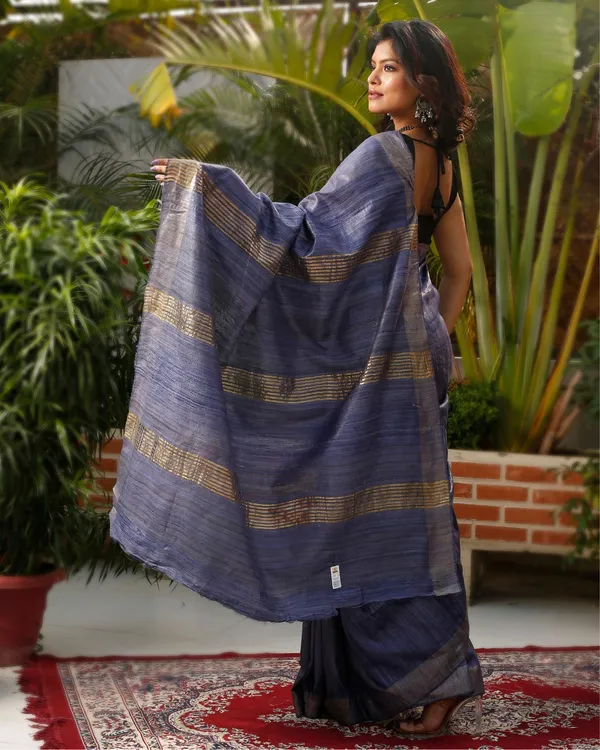 Silkmark_Ghicha_Tussar_Thoughtful_Blue_Saree