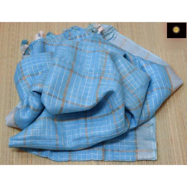 Pure_Linen_Check_Design_Handloom_Blue_Saree