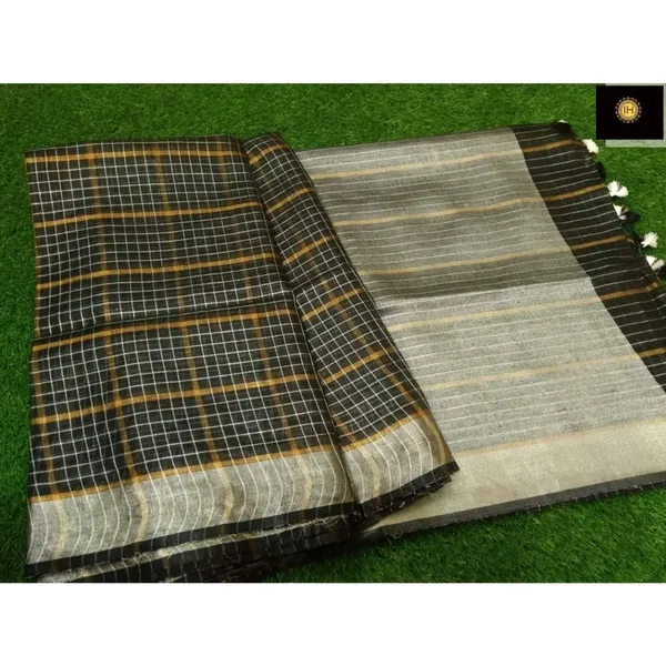 Pure_Linen_Check_Design_Handloom_Black_Saree