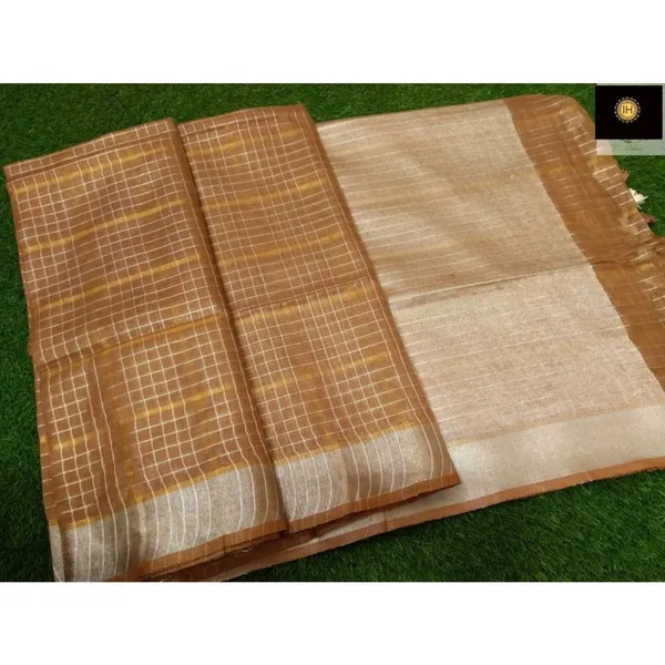 Pure_Linen_Check_Design_Handloom_Brown_Saree