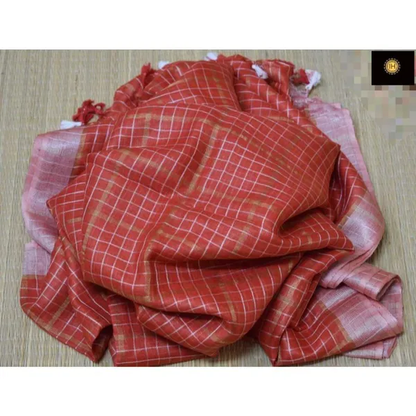 Pure_Linen_Check_Design_Handloom_Red_Saree
