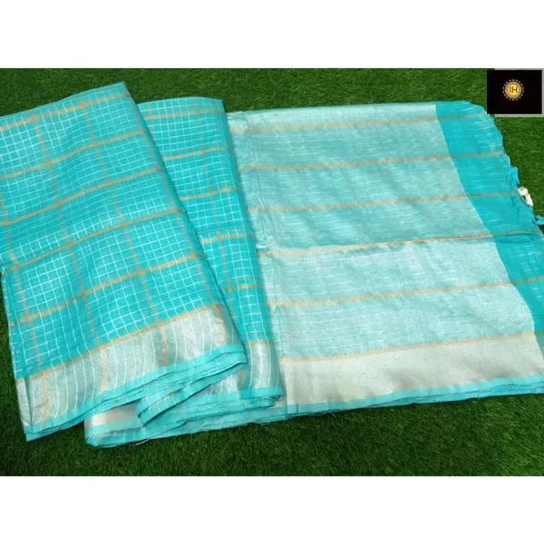 Pure_Linen_Check_Design_Handloom_Sea_Green_Saree