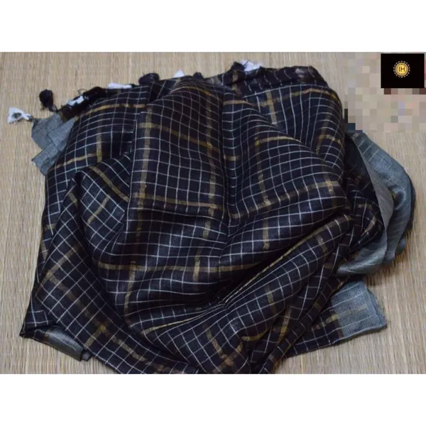 Pure_Linen_Check_Design_Handloom_Navy_Blue_Saree