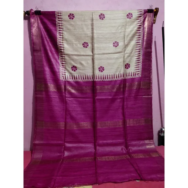 Silkmark_Tussar_Pastoral_Blockprint_Biege_&_Pink_Saree