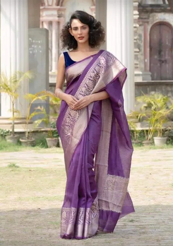 Expressive_Banarasi_Silk_Linen_Handloom_Purple_Saree