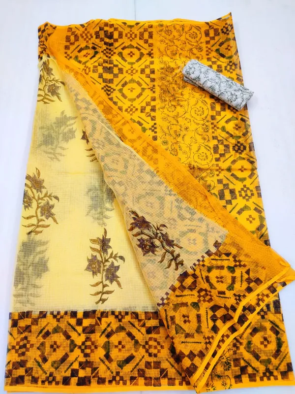 Earthy_Kota_Doria_Blockprinted_Yellow_Saree