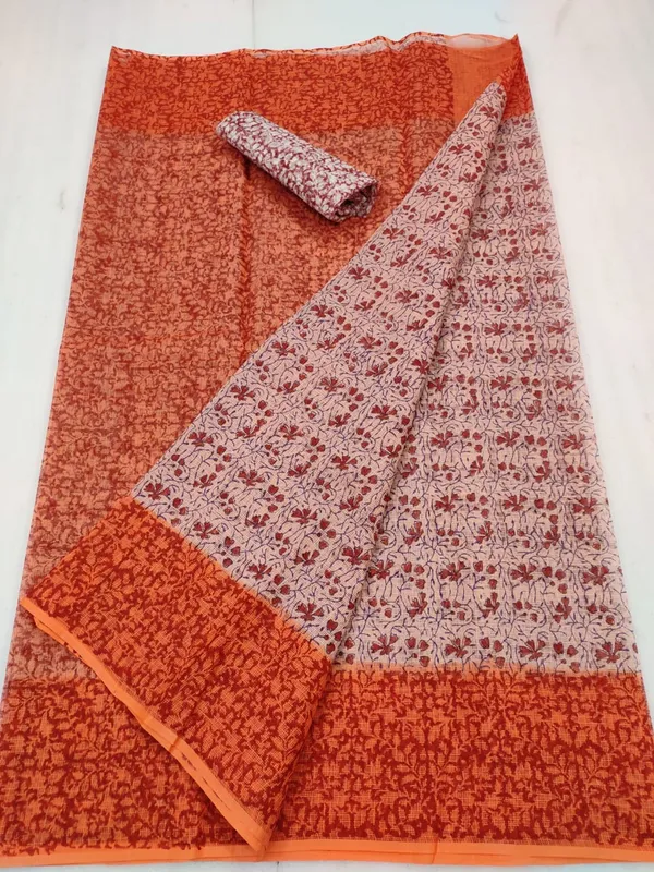 Vivid_Kota_Doria_Blockprinted_Orange_&_Beige_Saree