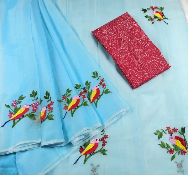 Striking_Kota_Doria_Cotton_Bird_Embroidery_Blue_Saree_Handdyed