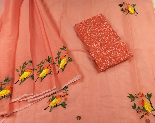 Lively_Kota_Doria_Cotton_Bird_Embroidery_Orange_Saree_Handdyed