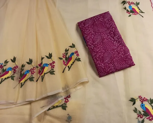 Plum_Kota_Doria_Cotton_Bird_Embroidery_Yellow_Saree_Handdyed