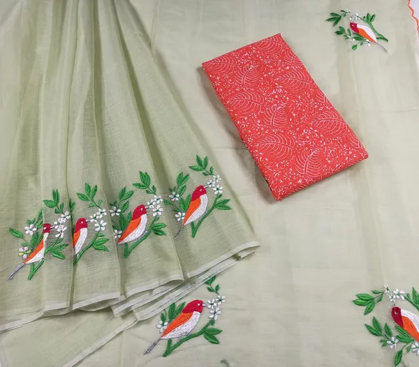 Fresh_Kota_Doria_Cotton_Bird_Embroidery_Green_Saree_Handdyed
