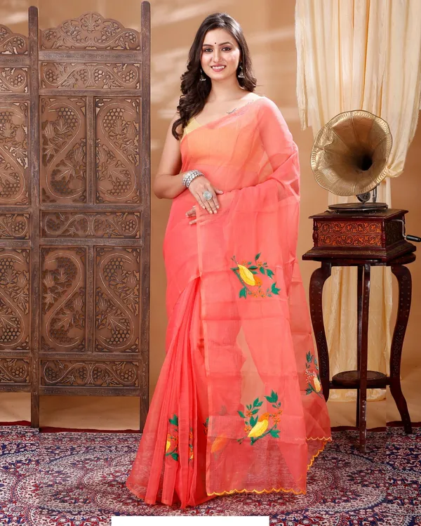 Fiery_Kota_Doria_Cotton_Bird_Embroidery_Red_Saree_Handdyed