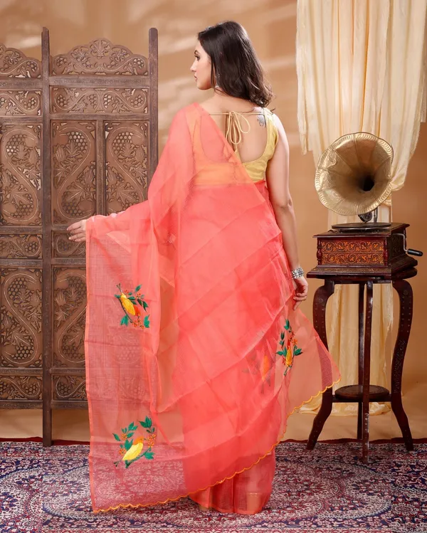 Fiery_Kota_Doria_Cotton_Bird_Embroidery_Red_Saree_Handdyed