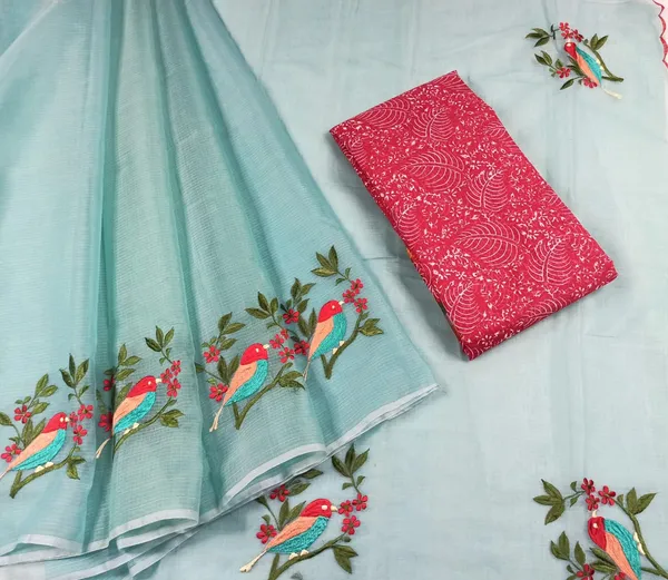 Chic_Kota_Doria_Cotton_Bird_Embroidery_Blue_Saree_Handdyed