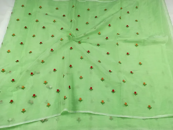 Kota_Doria_Green_Saree_Allover_Embroidery_Handcrafted