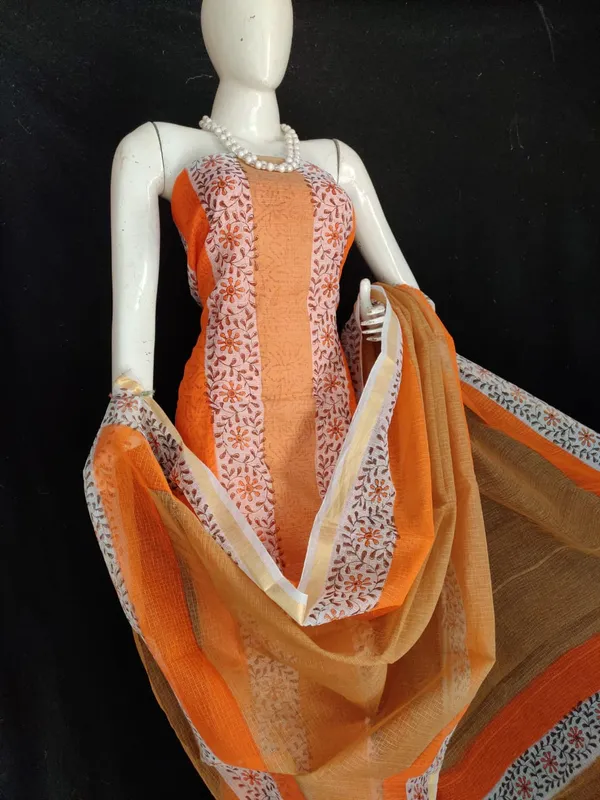 Beaming_Kota_Doria_Orange_Blockprinted_Suit_(Top+Dupatta+Bottom)
