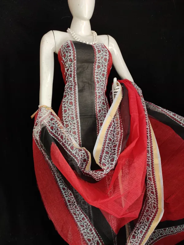 Lustrous_Kota_Doria_Red_Blockprinted_Suit_(Top+Dupatta+Bottom)