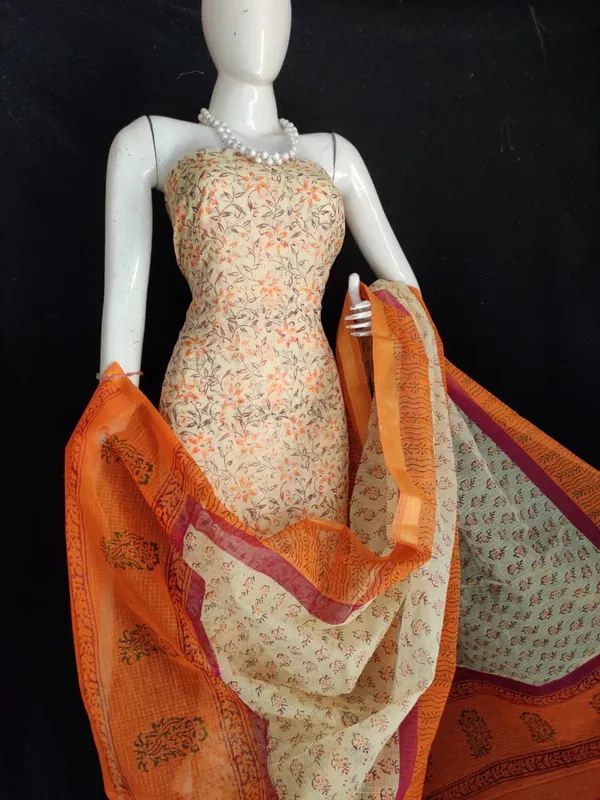 Glossy_Kota_Doria_Orange_Blockprinted_Suit_(Top+Dupatta+Bottom)