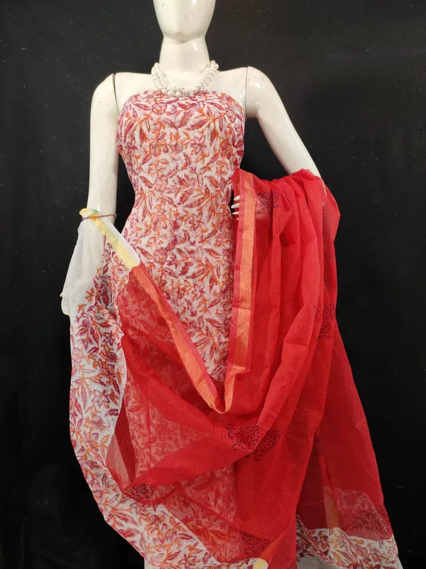 Modern_Kota_Doria_Red_Blockprinted_Suit_(Top+Dupatta+Bottom)