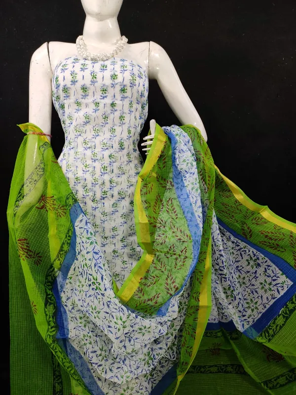 Vibrant_Kota_Doria_Green_Blockprinted_Suit_(Top+Dupatta+Bottom)